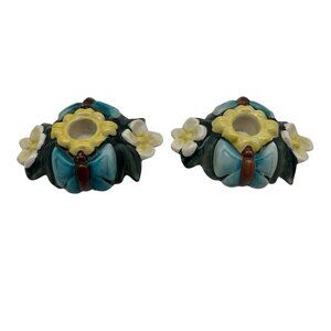 Fulper Vintage Pottery Candle Holders Candle Sticks Blue and Yellow Floral (2)